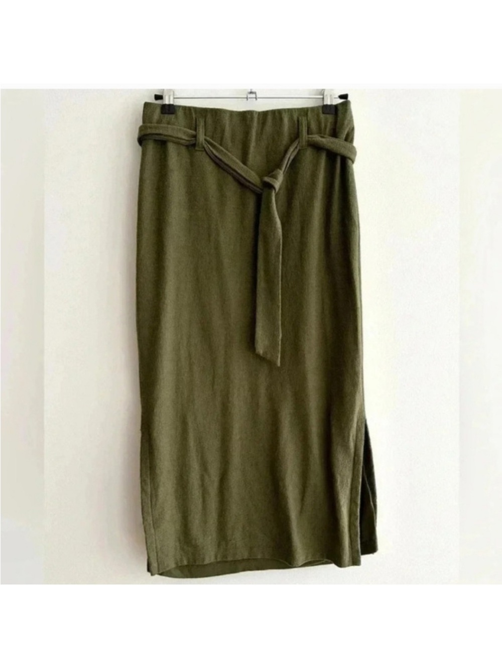 Olive Midi Knit Skirt with Self-Tie Belt